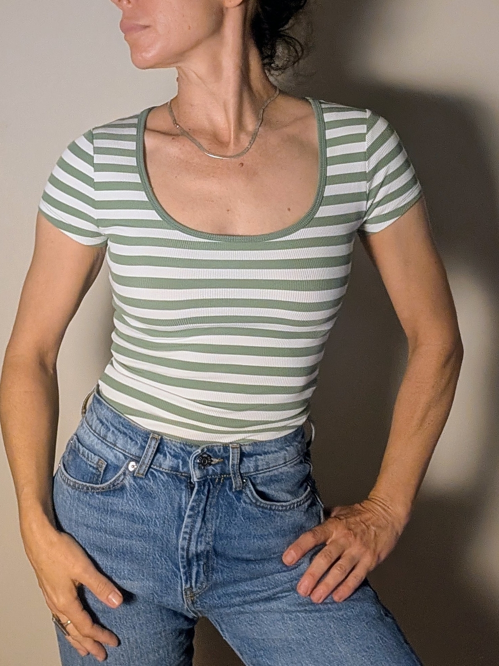 Hollister Sage Green & White Striped Ribbed Scoop Neck Baby Tee – XS Long